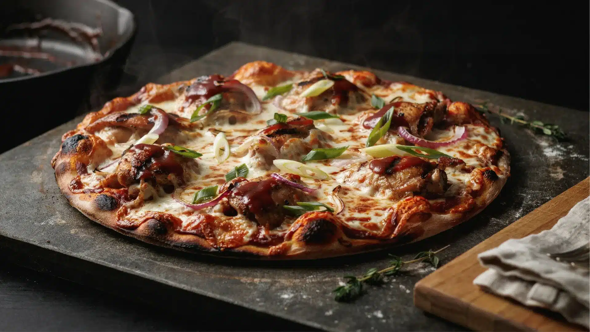 A gourmet pizza adorned with meat, onions, and herbs, resting on a polished black stone