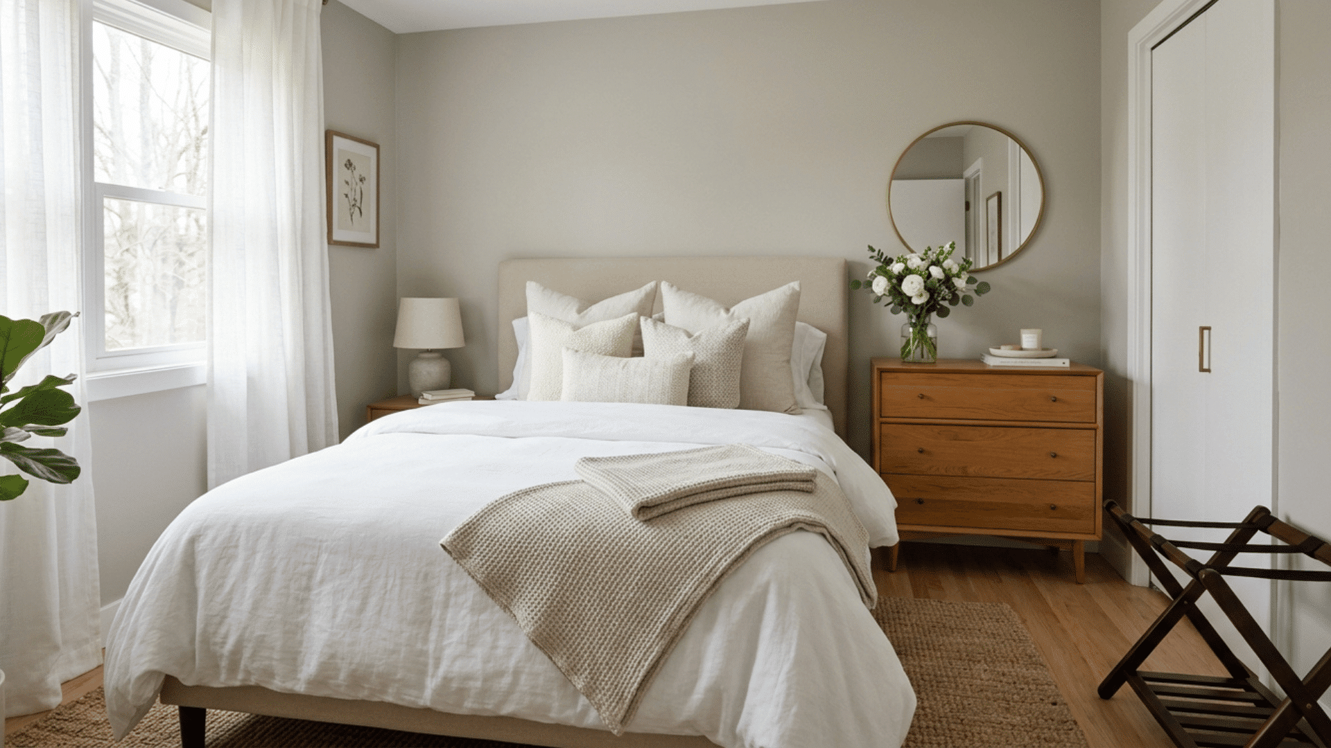 neutral guest room with fresh flowers and an empty luggage rack