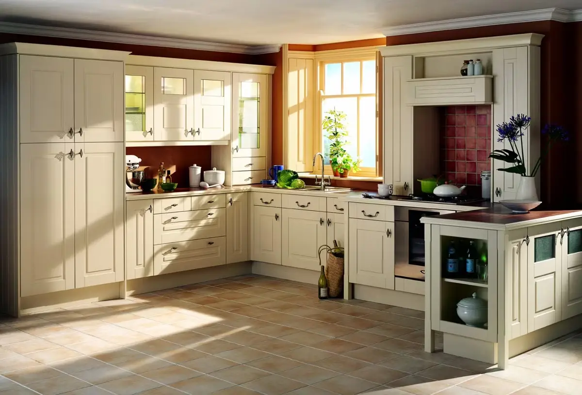 Cream-colored kitchen with wooden cabinetry, stainless steel stove, and sunlit window with plants