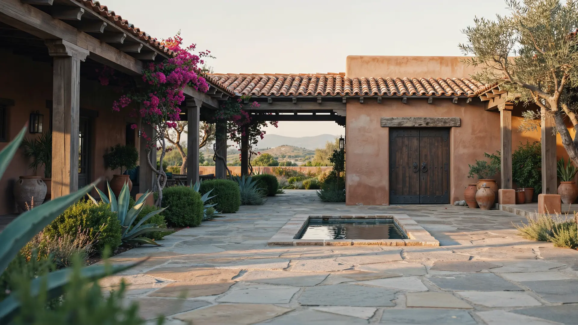 hacendia style home with a small pool, terracotta roof, adobe walls, and lush landscaping under an open wooden pergola.
