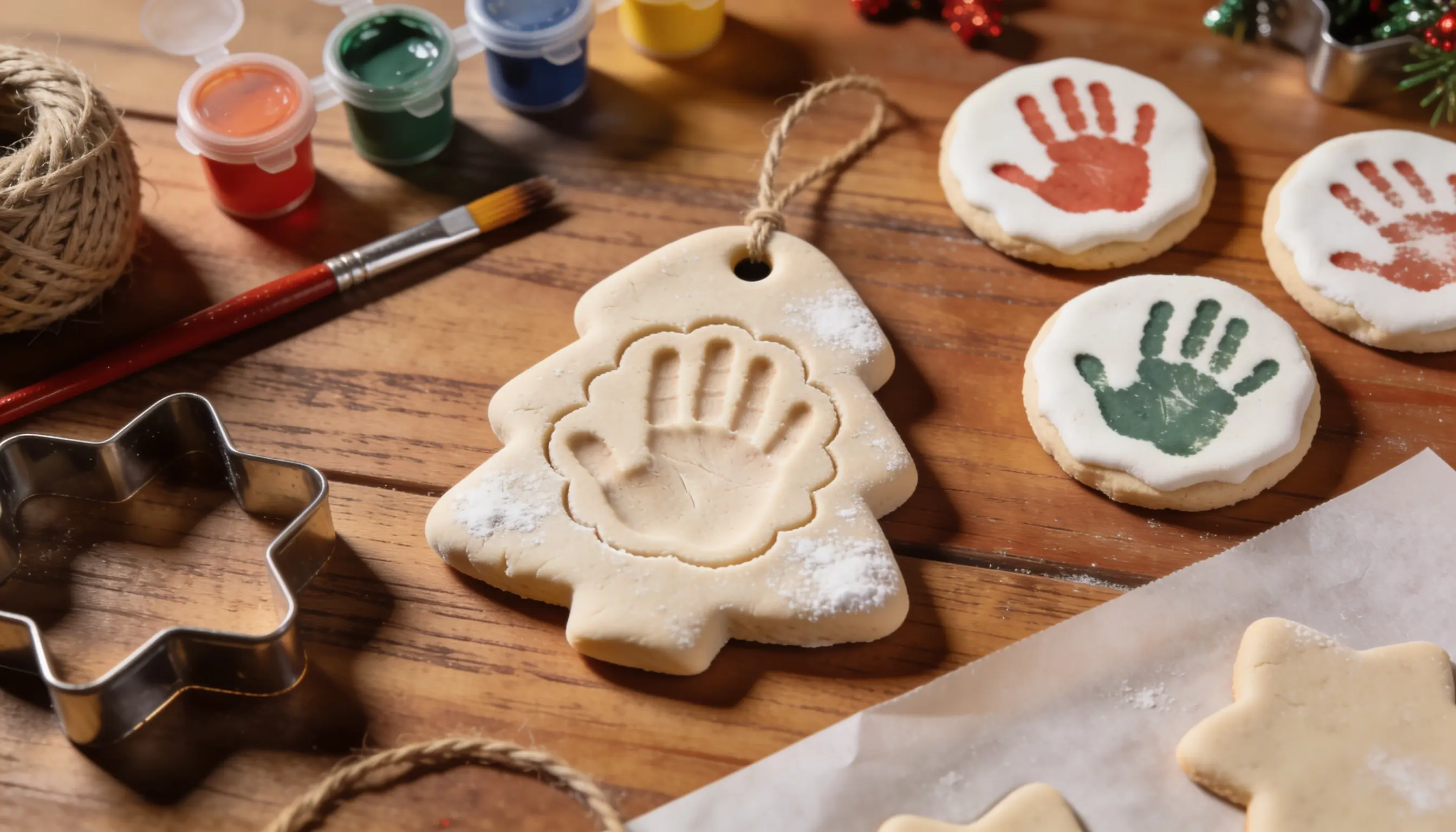 Christmas tree ornament dough with child's handprint impression, surrounded by craft supplies and decorated cookies.