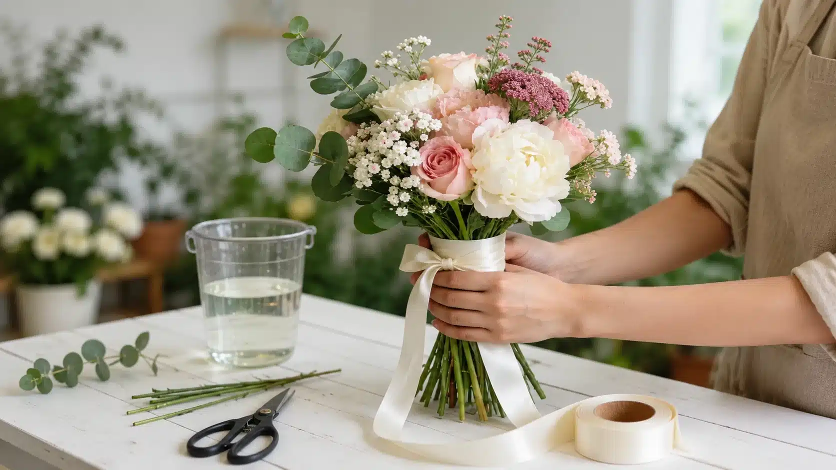 hands creating a flower bouquet with trimmed stems greenery focal blooms filler flowers and wrapping on a bright table_11zon
