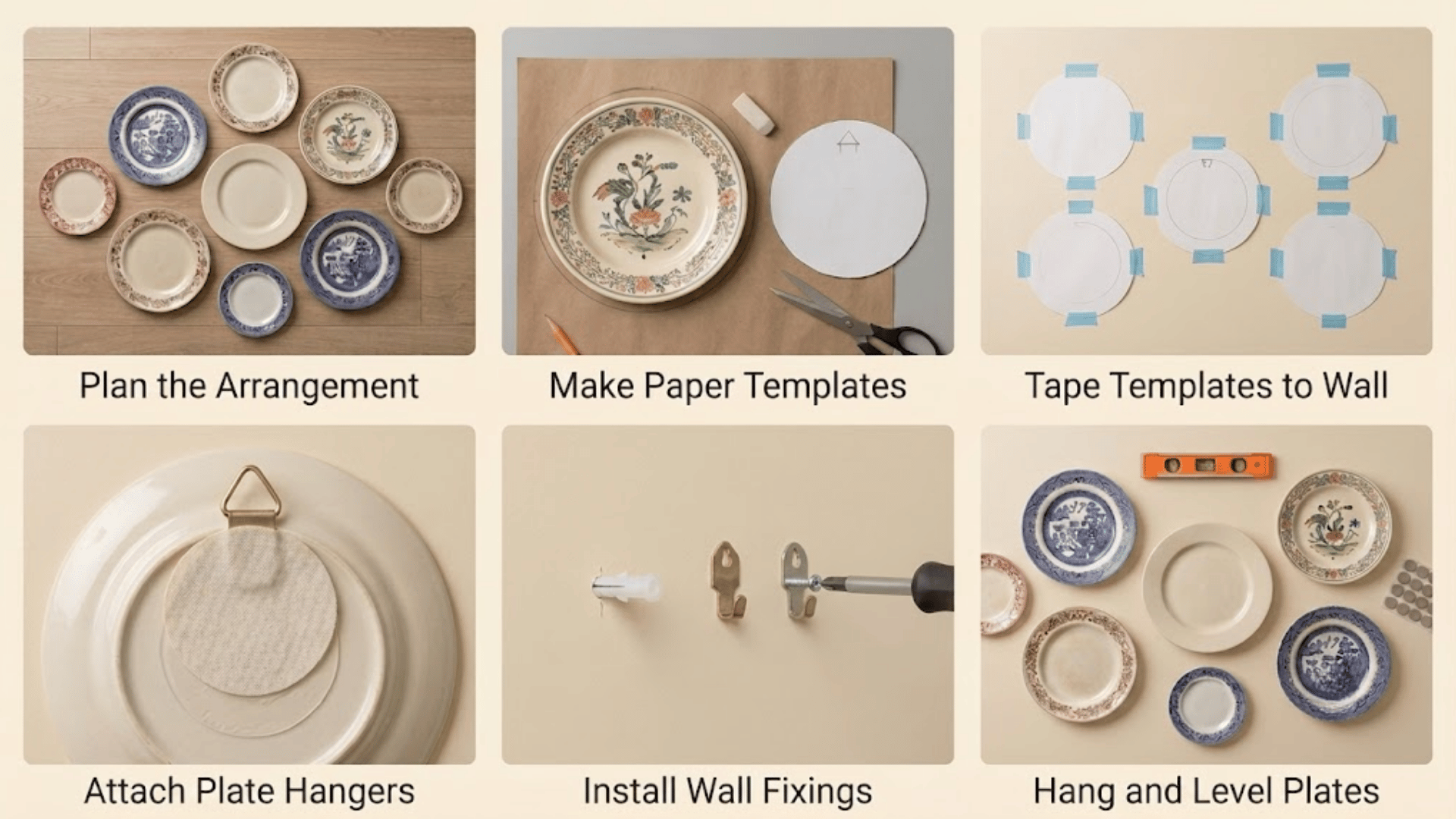 six steps for planning, templating, fixing, hanging, and levelling decorative plates safely on a wall