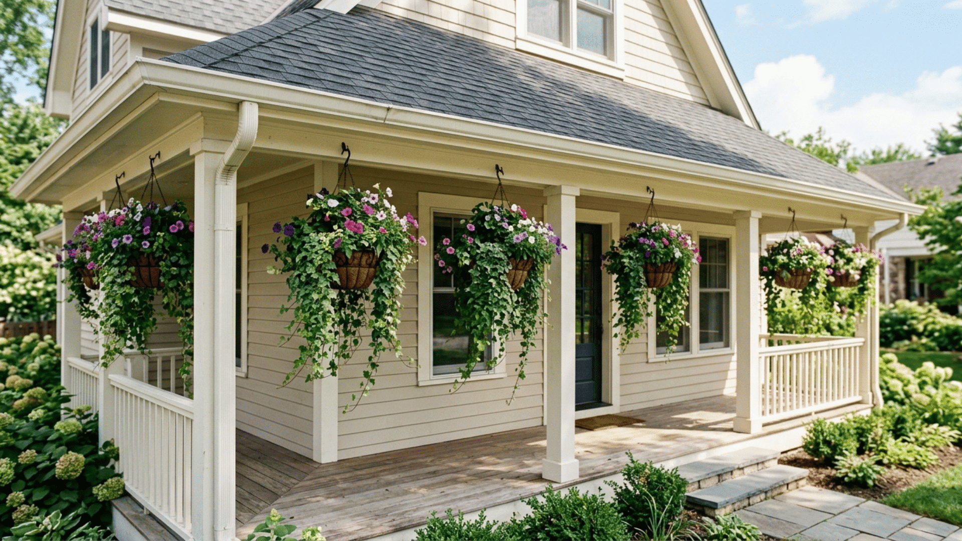 hanging baskets with trailing ivy along the roofline