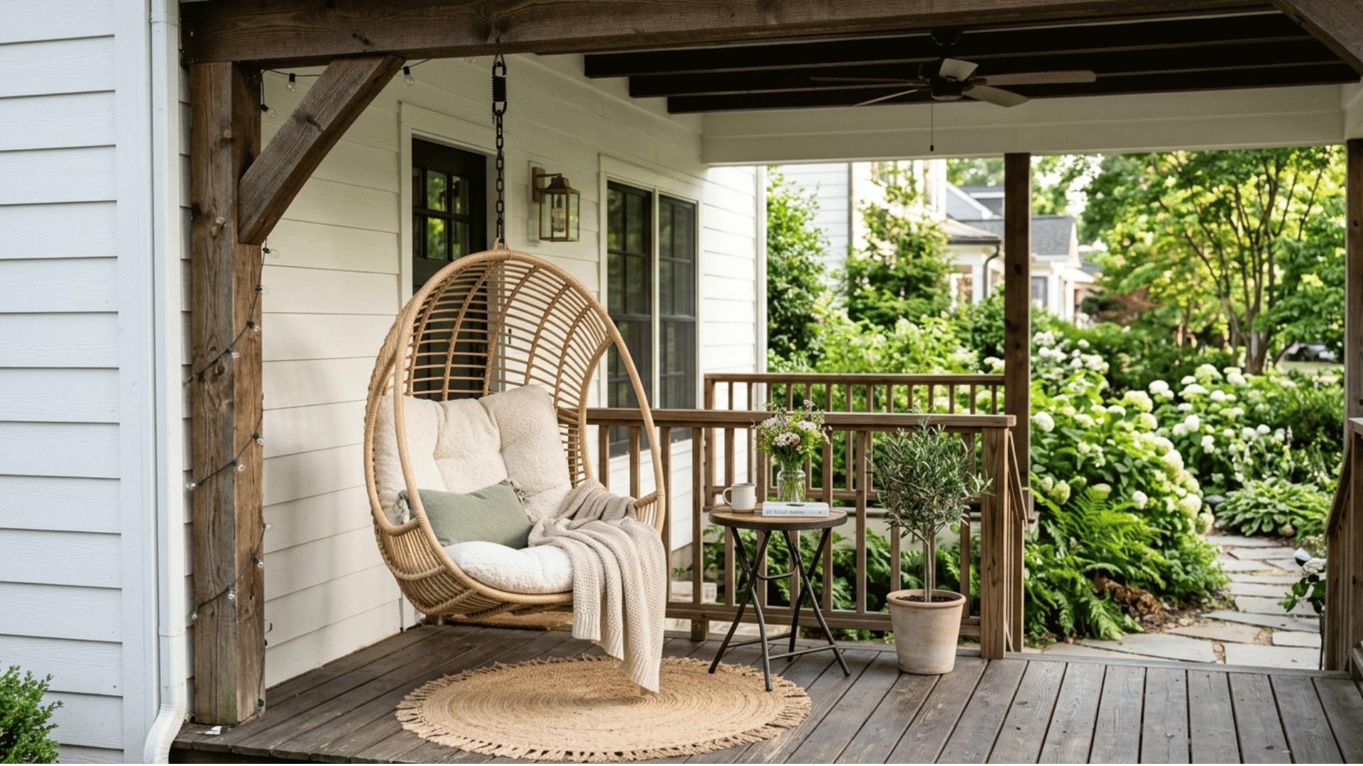 a hanging egg chair with a cushion and round rug