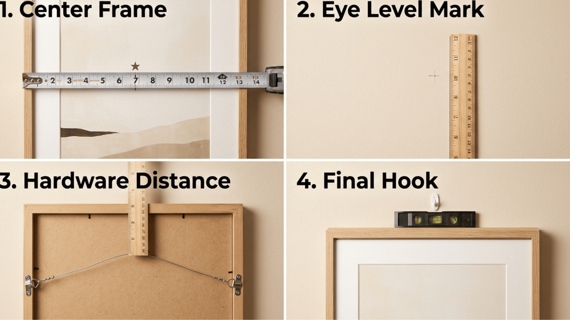 four step process showing how to measure a frame mark a wall and hang art at the right spot