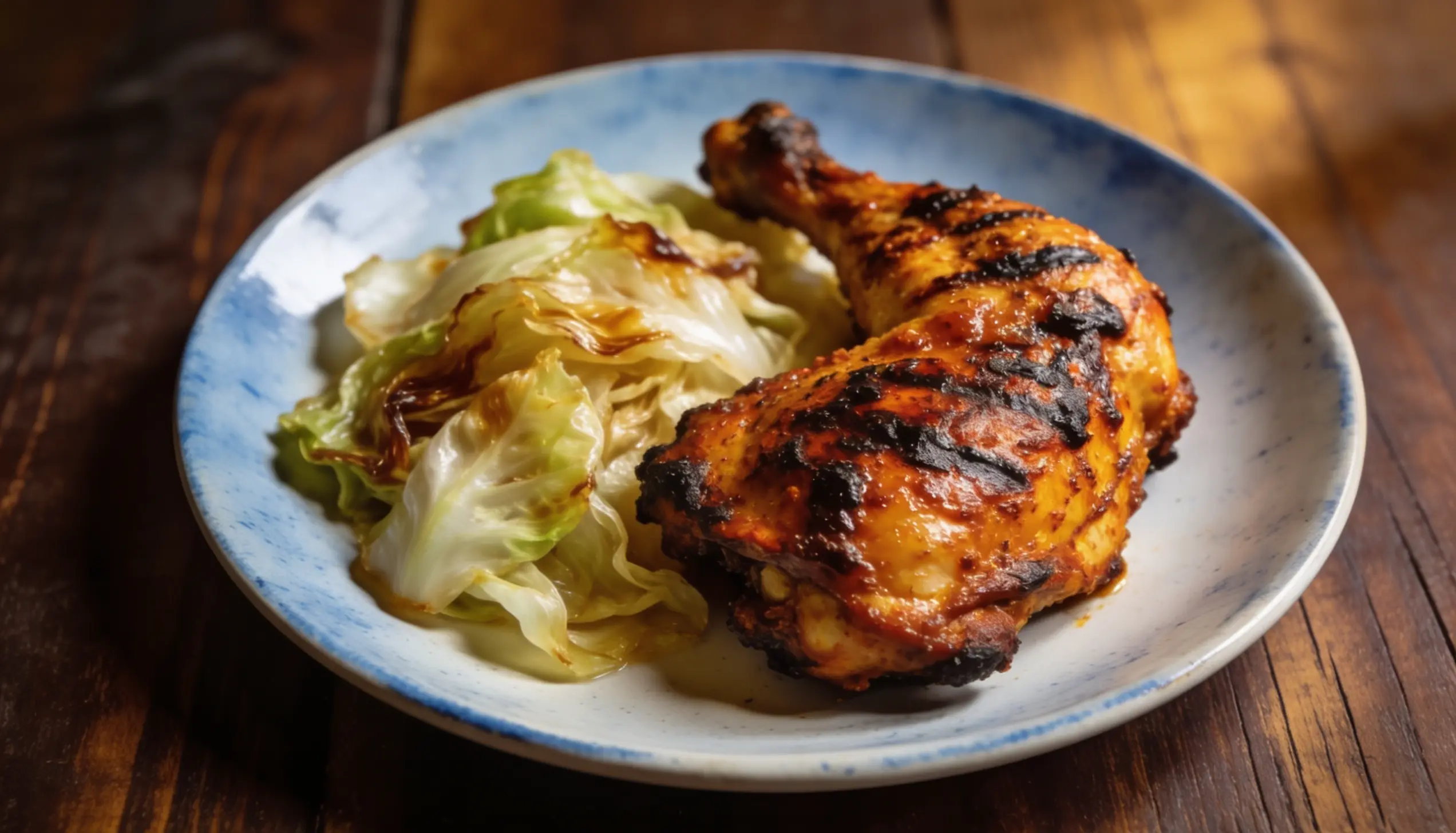 Grilled chicken fillet on a plate, accompanied by a serving of fresh cabbage.