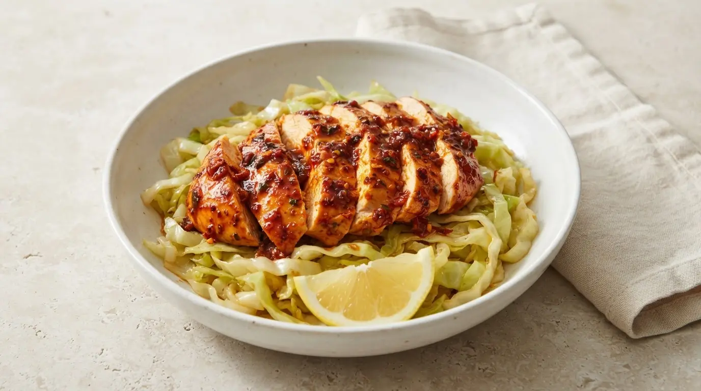 Sliced spicy glazed chicken breast served over shredded cabbage with a lemon wedge in a white bowl.