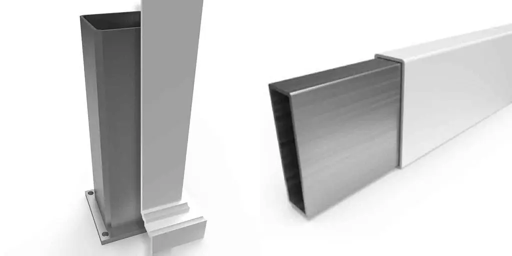 Metal and white plastic square posts with base plate on a white background