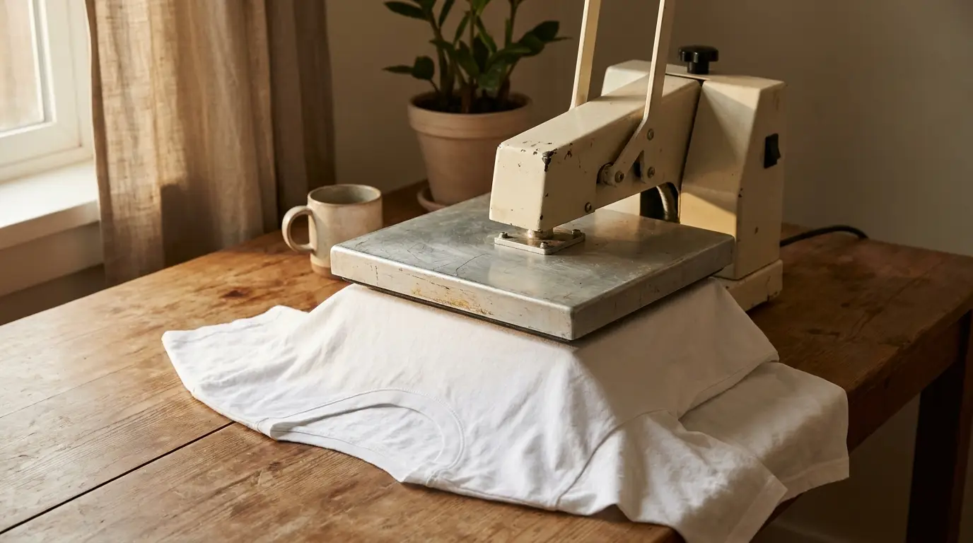 White T-shirt under heat press machine on wooden table in cozy room