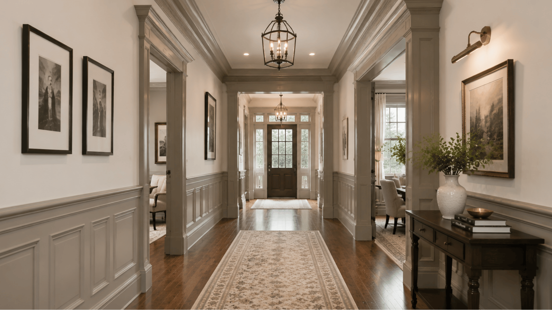 american hallway with heavy trim, detailed molding, neutral walls, hardwood floors, and classic decor