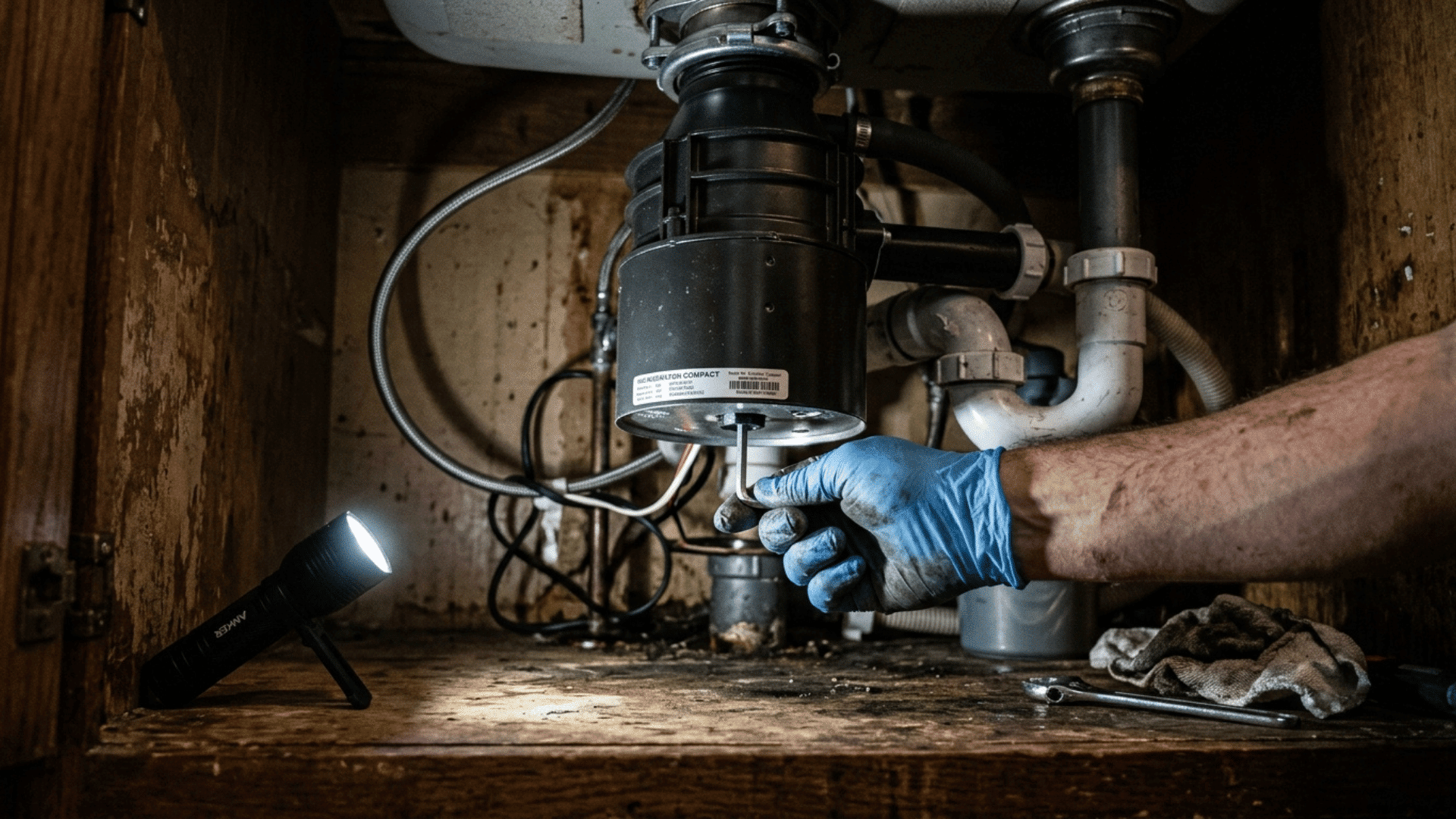 using a hex key to manually turn a jammed garbage disposal