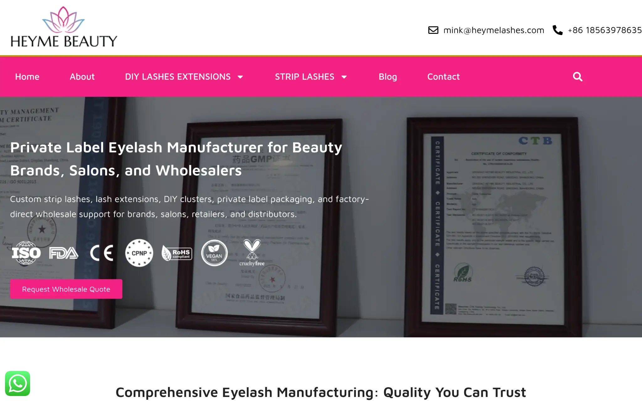 Framed certificates displayed on a white wall with a pink themed website header