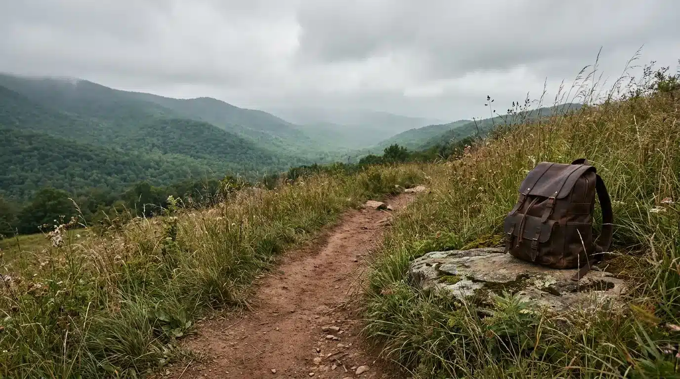 Backpack resting on rocky path in lush mountainous landscape under cloudy sky
