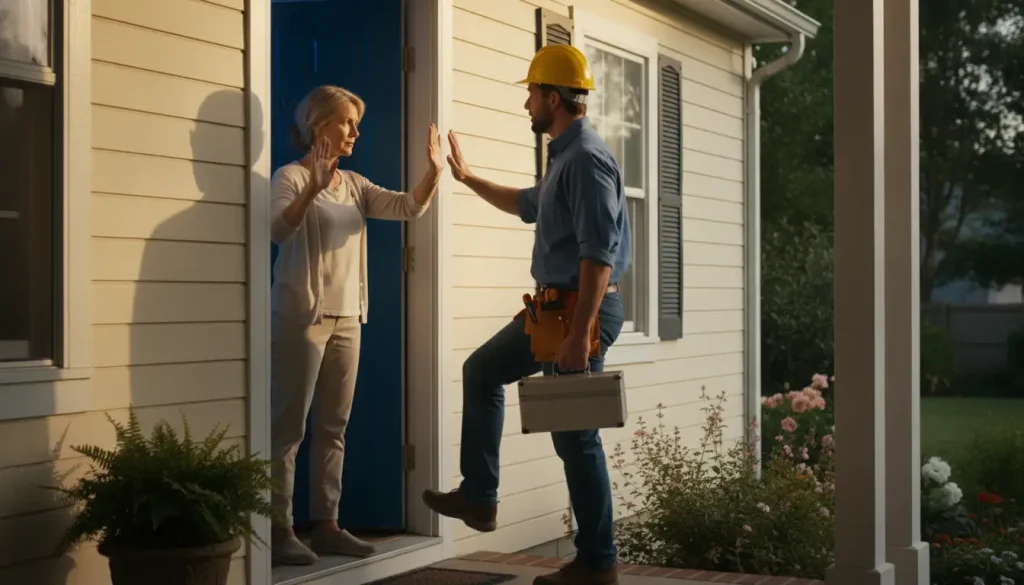 Woman interacting with handyman in yellow hard hat at front door of suburban house