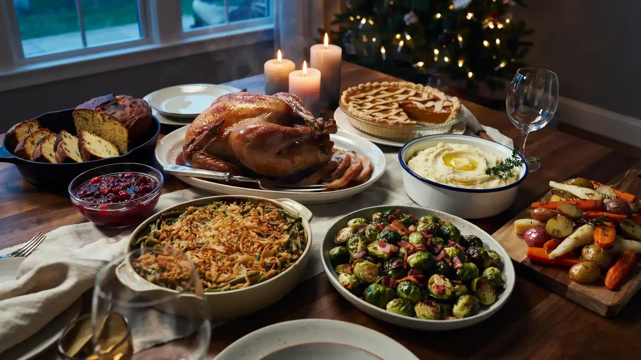 Holiday dinner spread with roasted turkey, mashed potatoes, vegetables, pie, and classic festive side dishes.