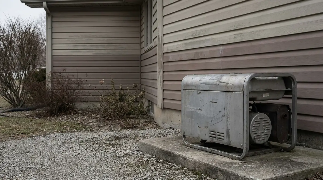 Weathered portable generator on concrete slab beside a beige house with siding and dry shrubs