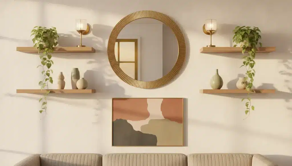 Circular mirror and abstract art on wall above beige sofa, flanked by plants on shelves