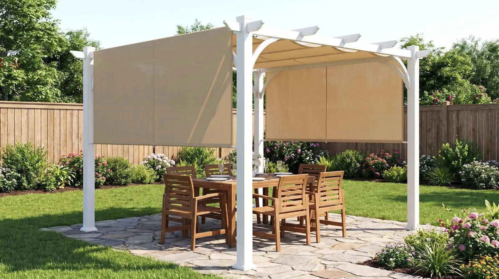 Outdoor pergola with beige canopy over wooden dining set on stone patio in garden setting