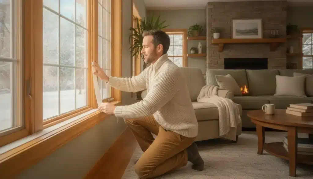 Man applying window insulation tape in cozy living room with stone fireplace and green sofa