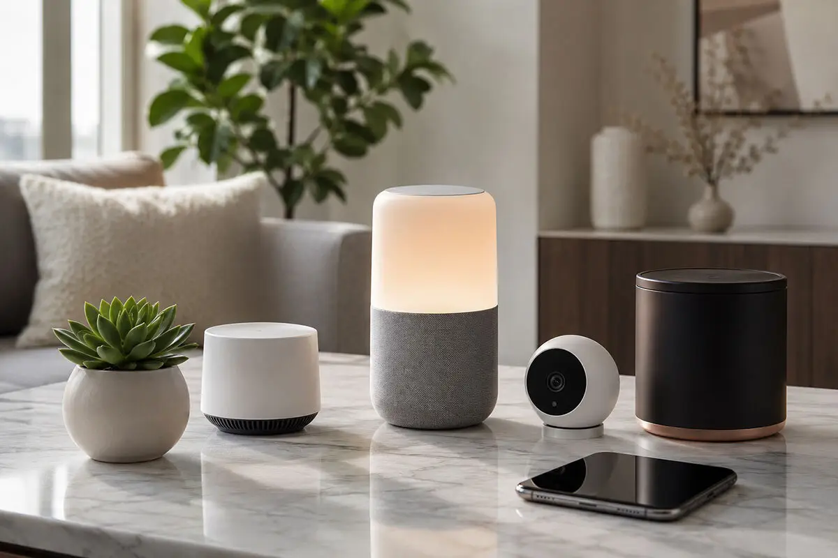 Smart home devices on marble coffee table in cozy living room with green plant