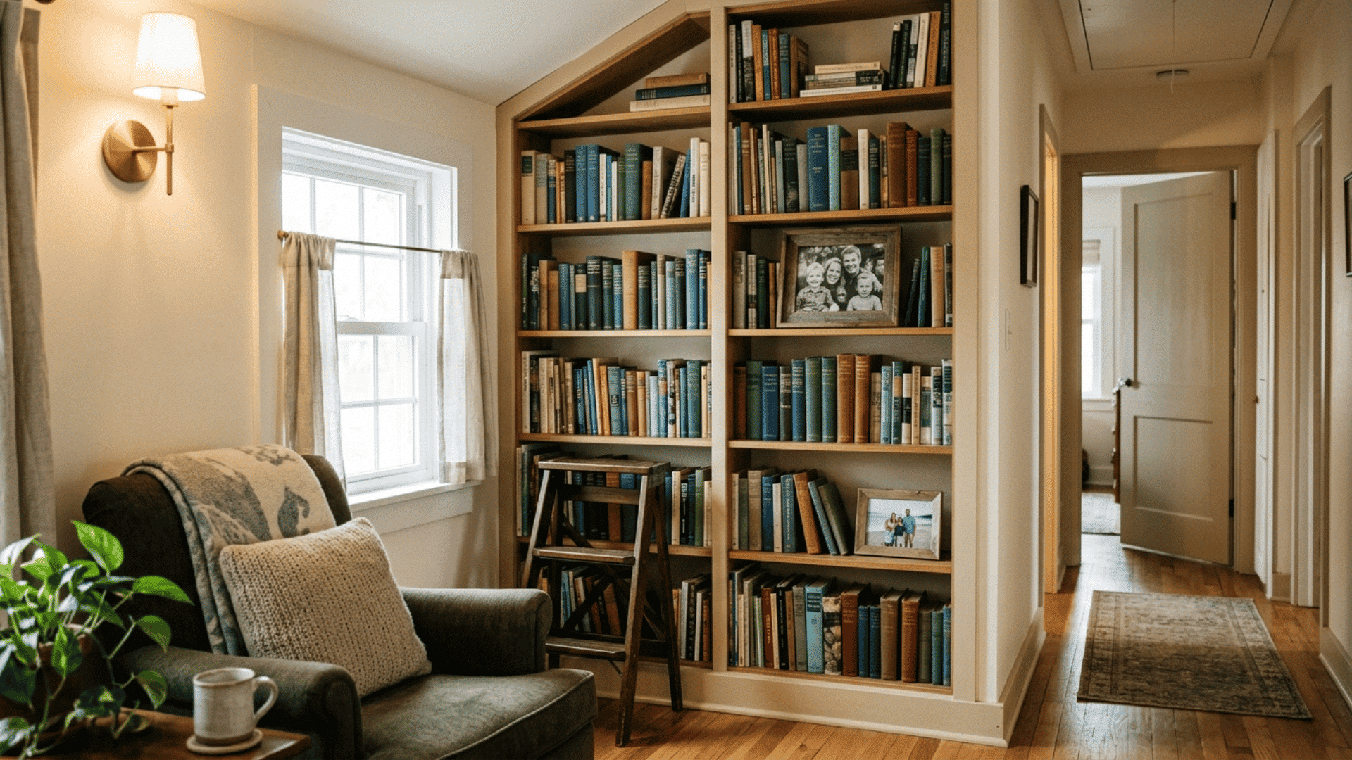 small built in bookshelf nook in a cozy home hallway with framed family photos