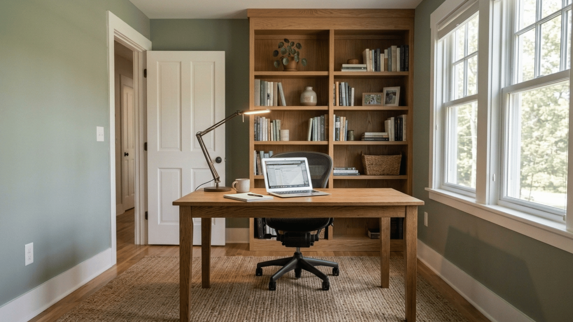home office desk facing the door with a styled shelf behind it