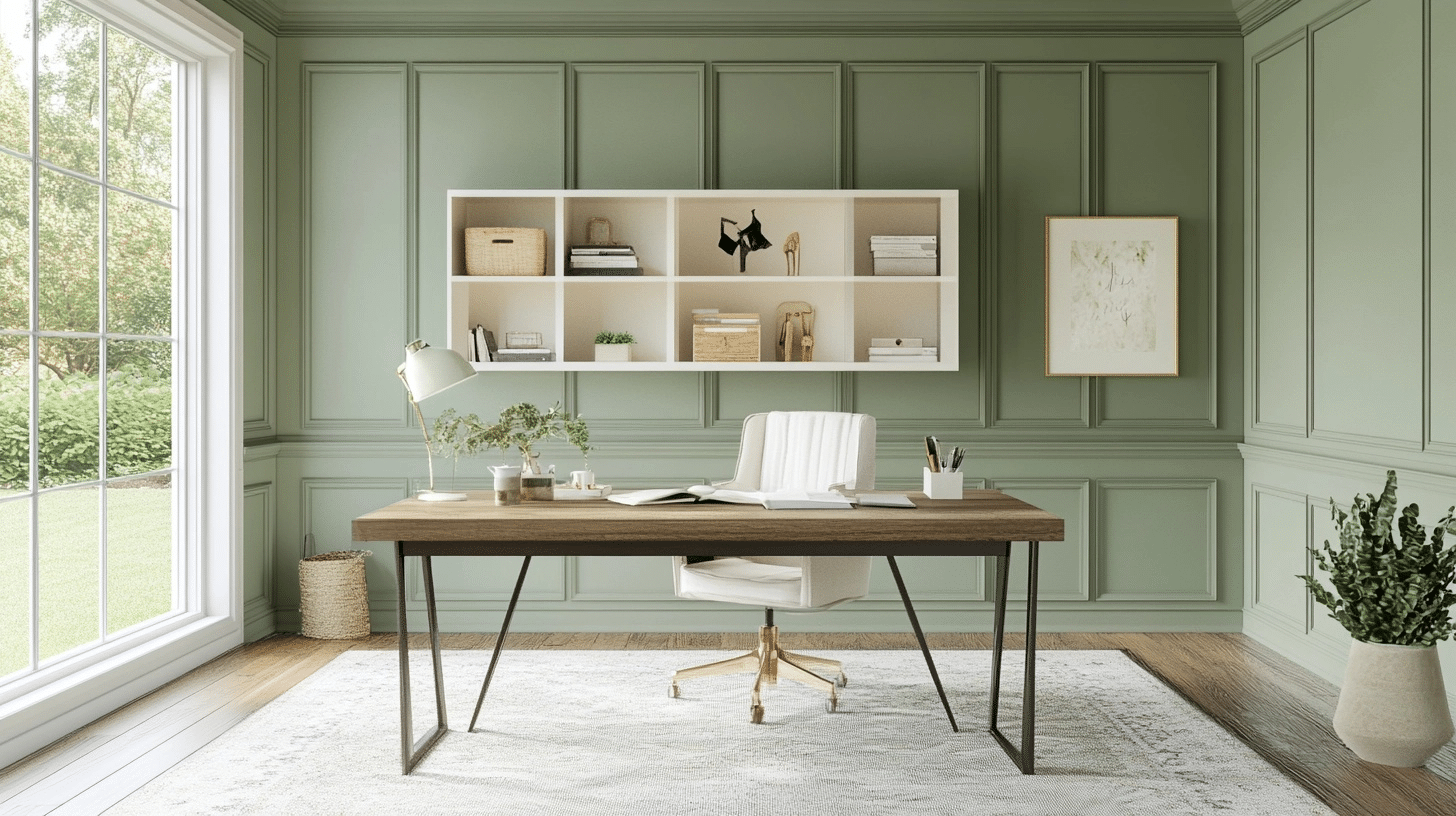 Sage green home office with paneled walls, wood desk, white chair, wall shelving, window, and plant.
