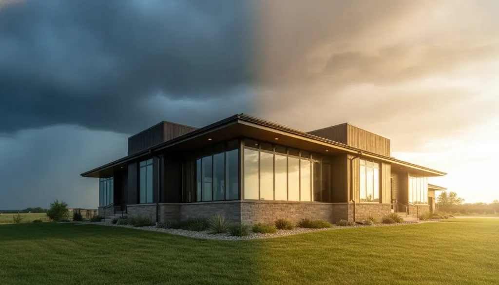 Modern house under split stormy and sunny skies in lush green landscape