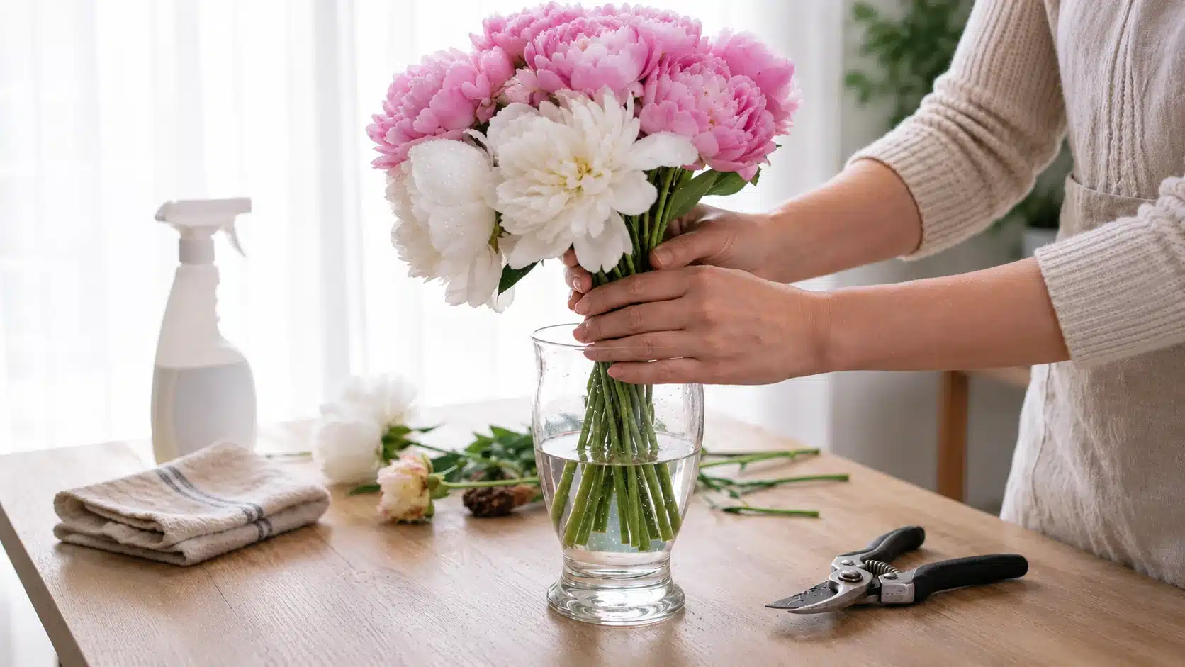 homemade bouquet care with fresh water trimmed stems wilted blooms removed and vase kept away from direct sunlight
