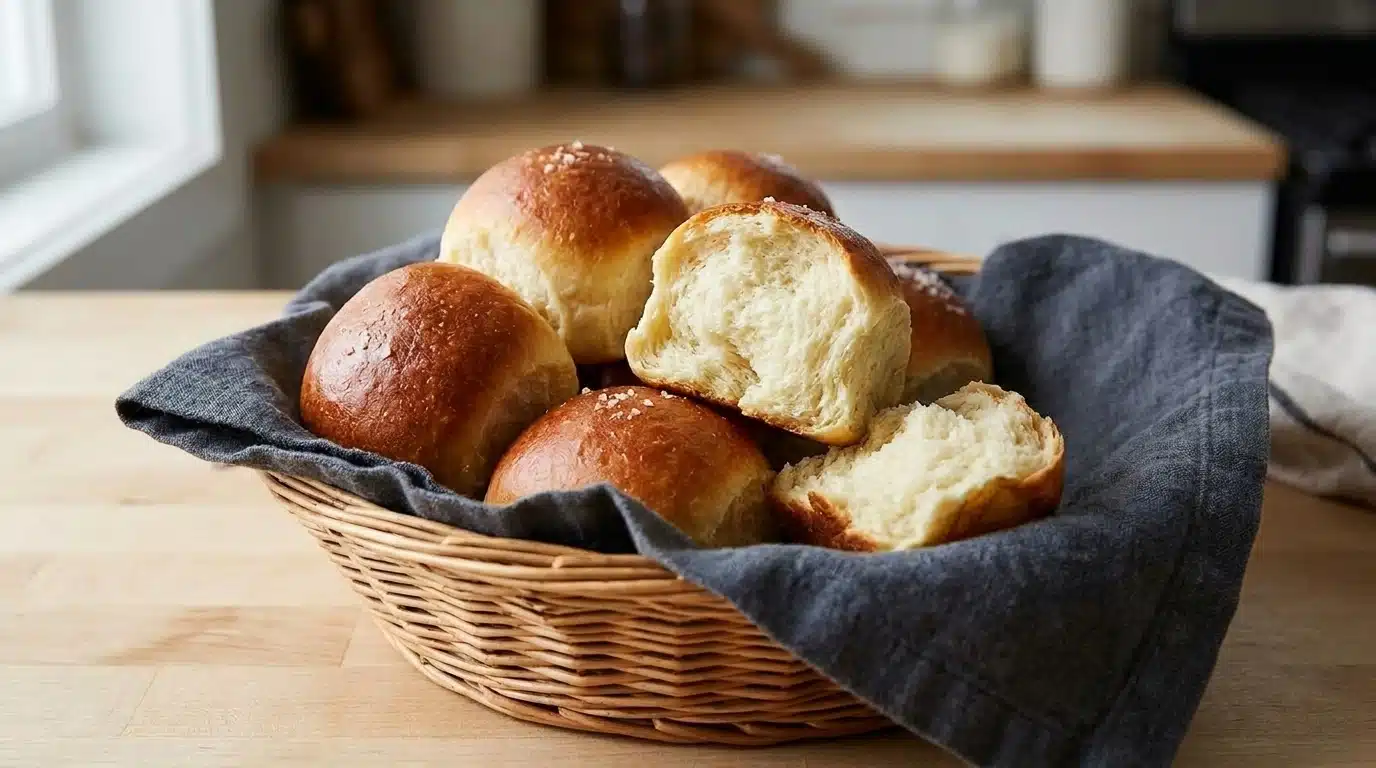 A woven basket filled with freshly baked rolls sits on a rustic wooden table.