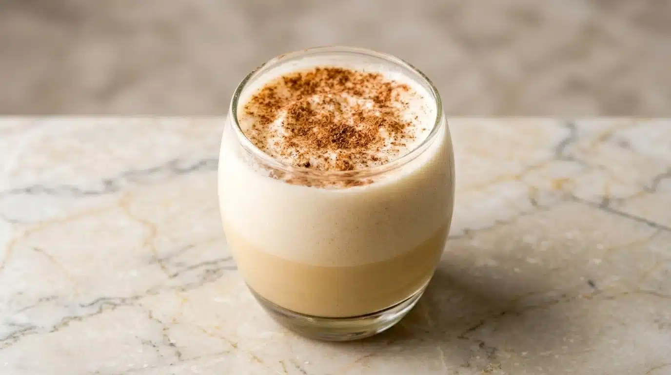 A clear glass filled with eggnog, topped with a sprinkle of cinnamon for added flavor.