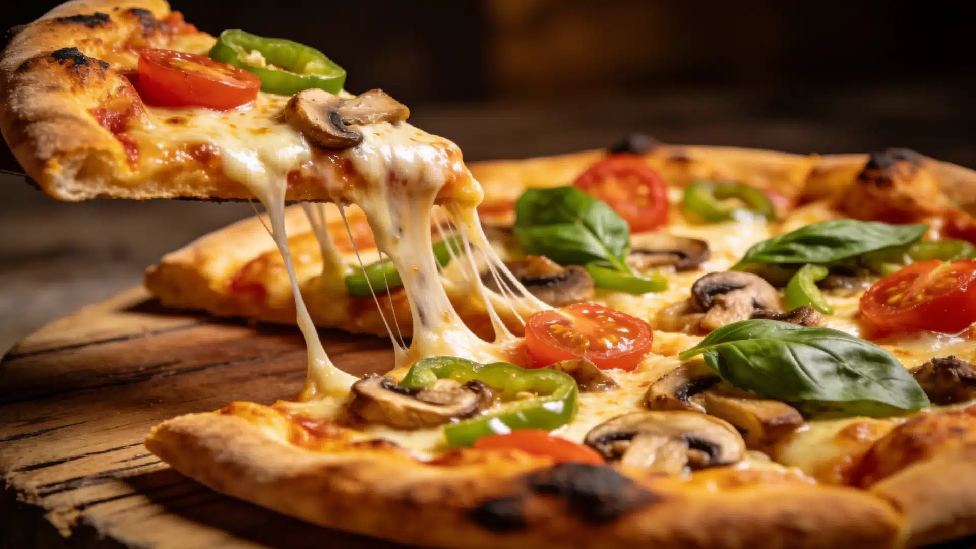A slice of pizza featuring mushrooms, tomatoes, and basil is held by a hand.