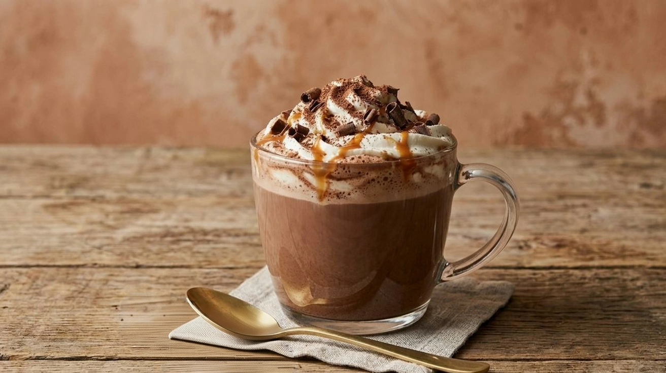 A steaming cup of hot chocolate with a generous layer of whipped cream, with a spoon placed beside it