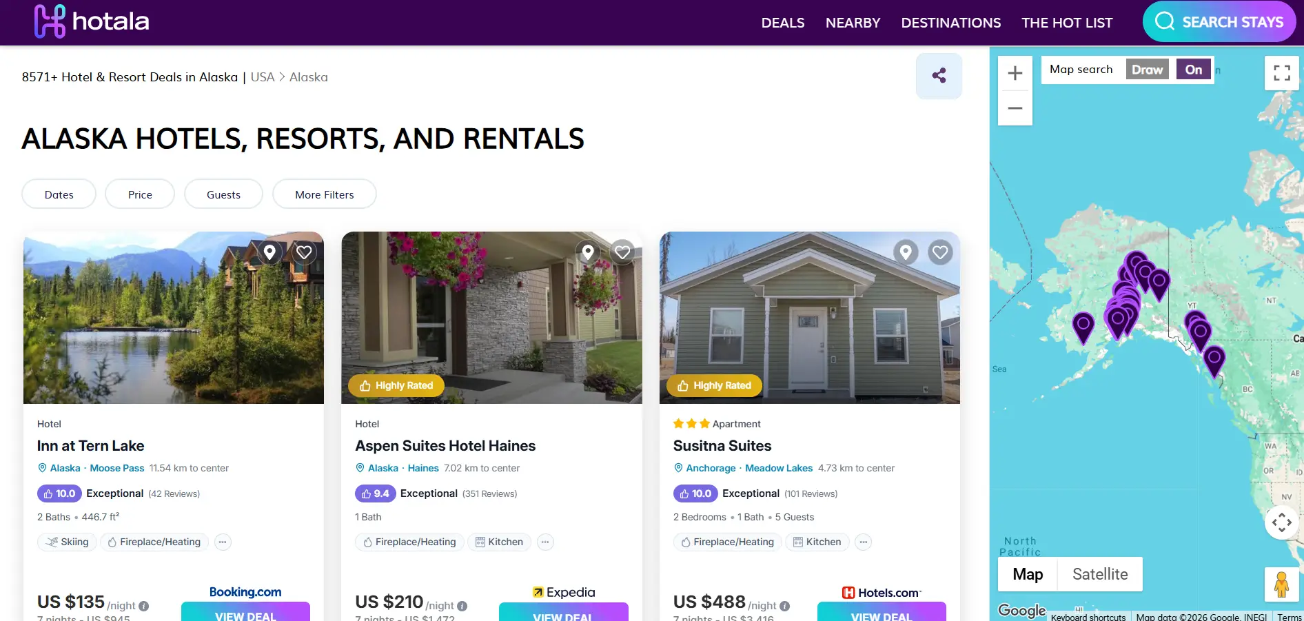 Search interface displaying hotels and rentals in Alaska with map and property listings