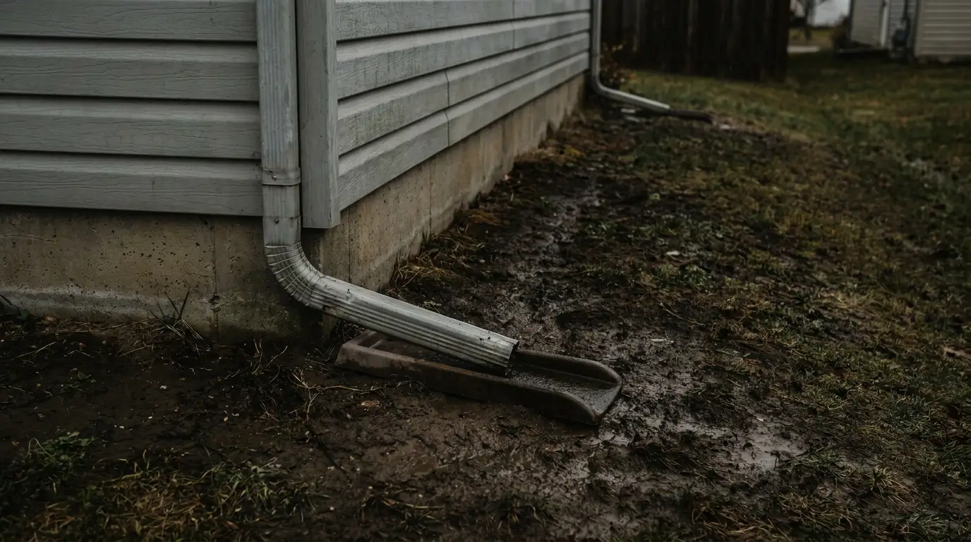 Rainwater drainage pipe on muddy ground beside house foundation in overcast yard
