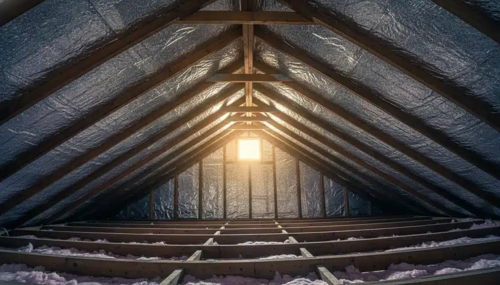 Attic with exposed wooden beams and insulation under warm sunlight from small window