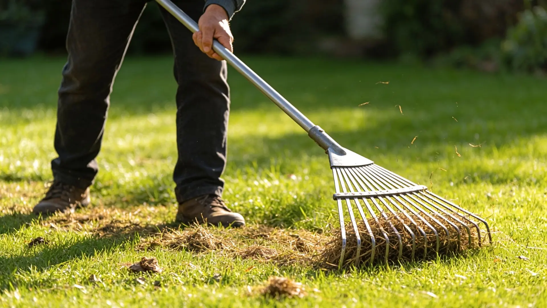Person raking dry grass and debris from a lawn in the golden light of a garden.