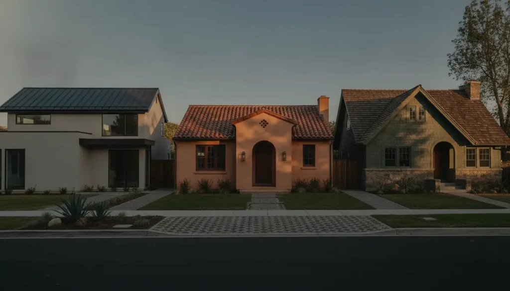 Three distinct houses in suburban neighborhood under soft evening light