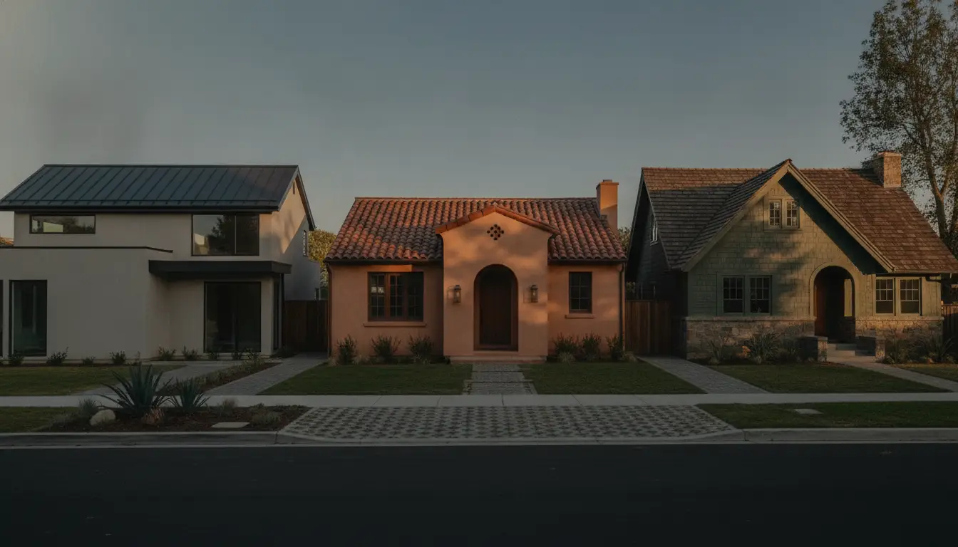 Three distinct houses in suburban neighborhood under soft evening light