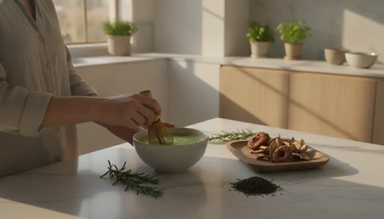 Person whisking matcha in a bowl on a kitchen counter with herbs and dried fruits nearby