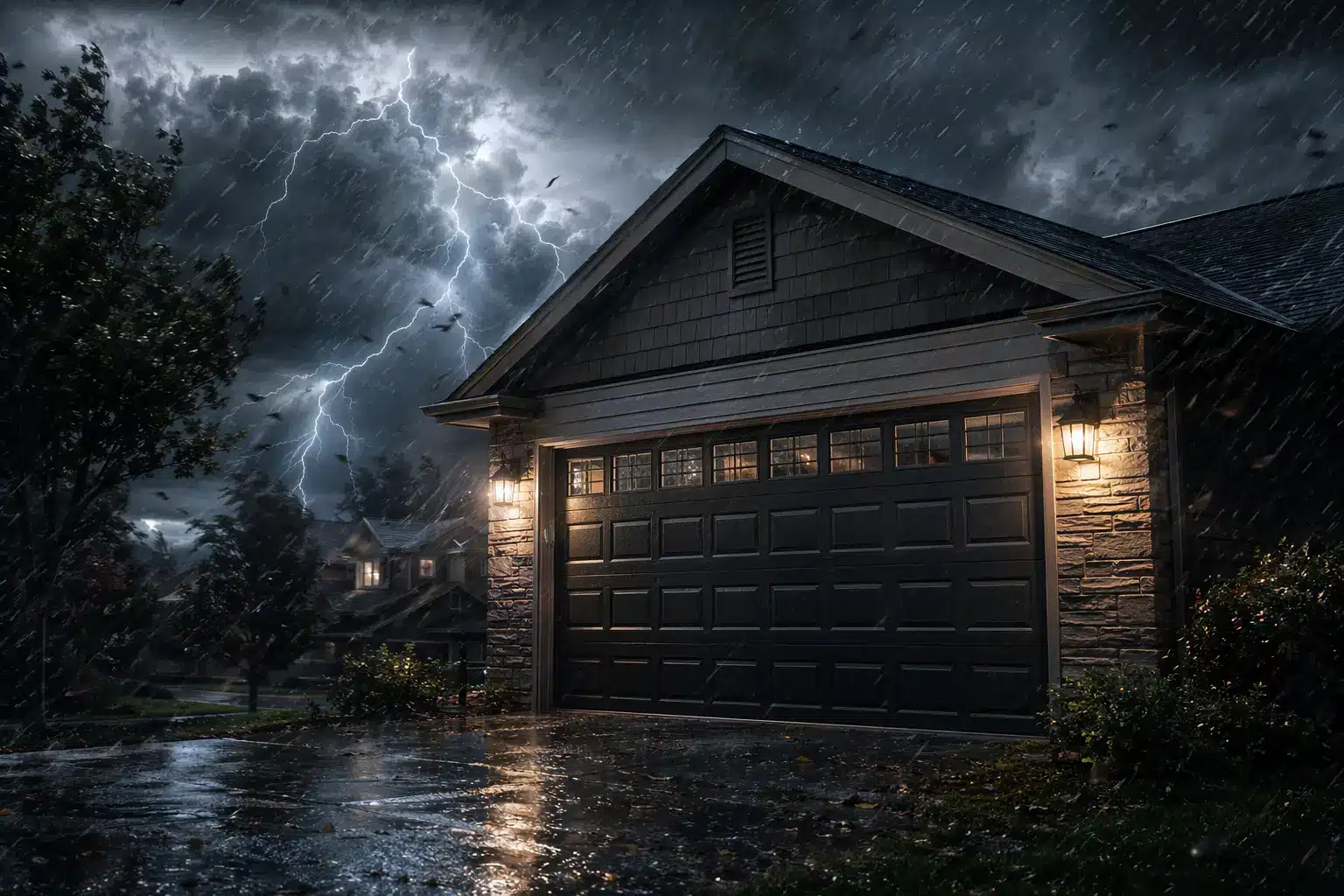 Dark stormy night with lightning behind suburban house and illuminated garage door