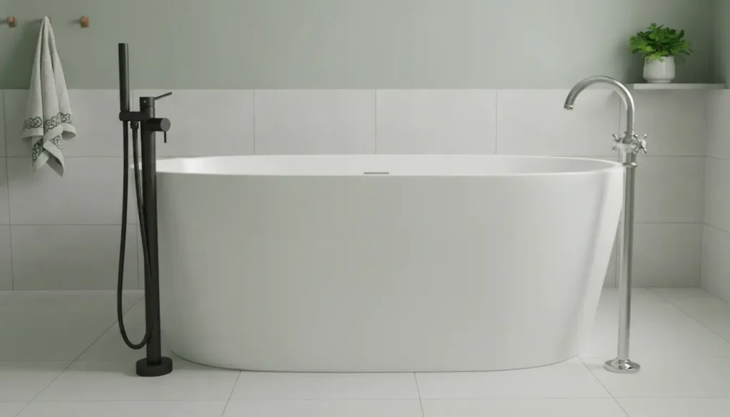 Freestanding white bathtub with modern black and chrome fixtures in minimalist bathroom setting