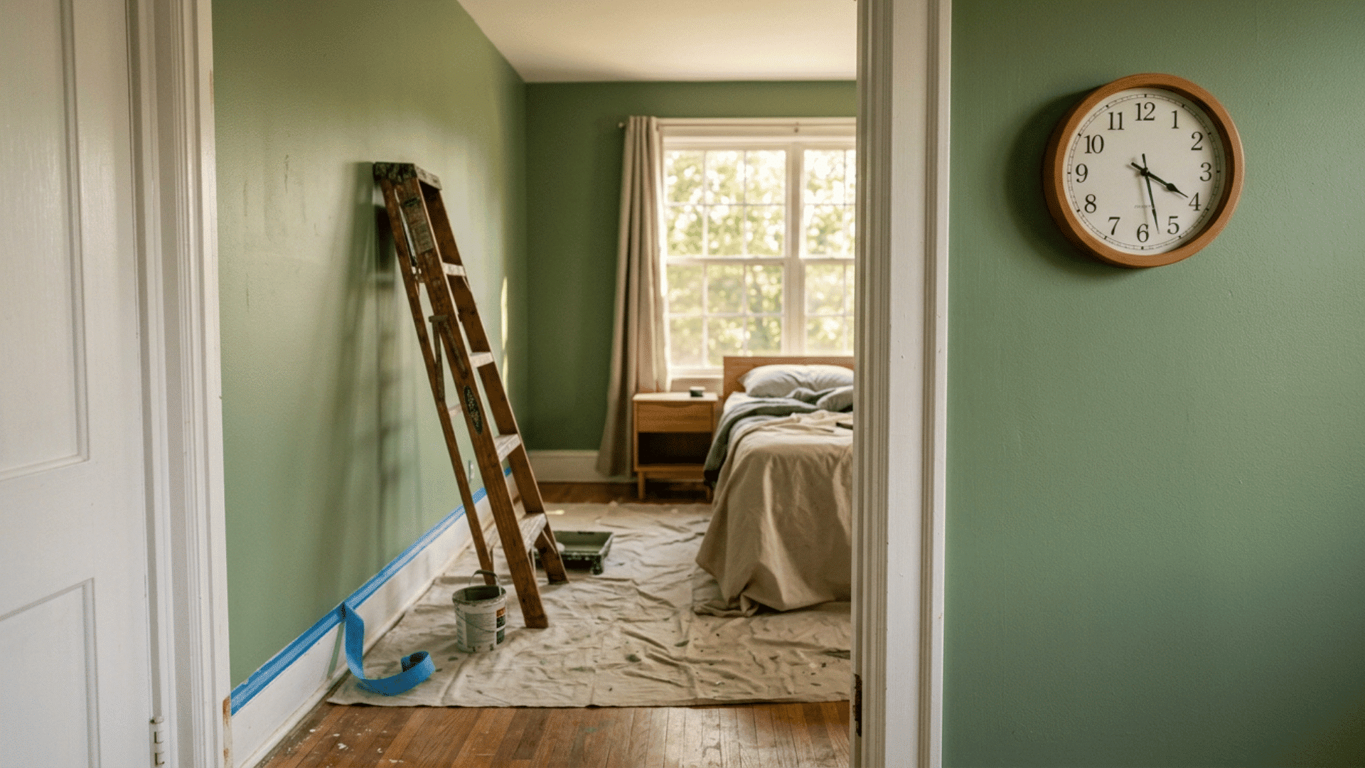 finished bedroom wall and wall clock showing how long it takes to paint a room in one day