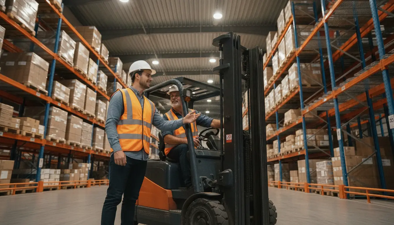Warehouse workers in safety vests discussing next to a forklift truck among stacked boxes