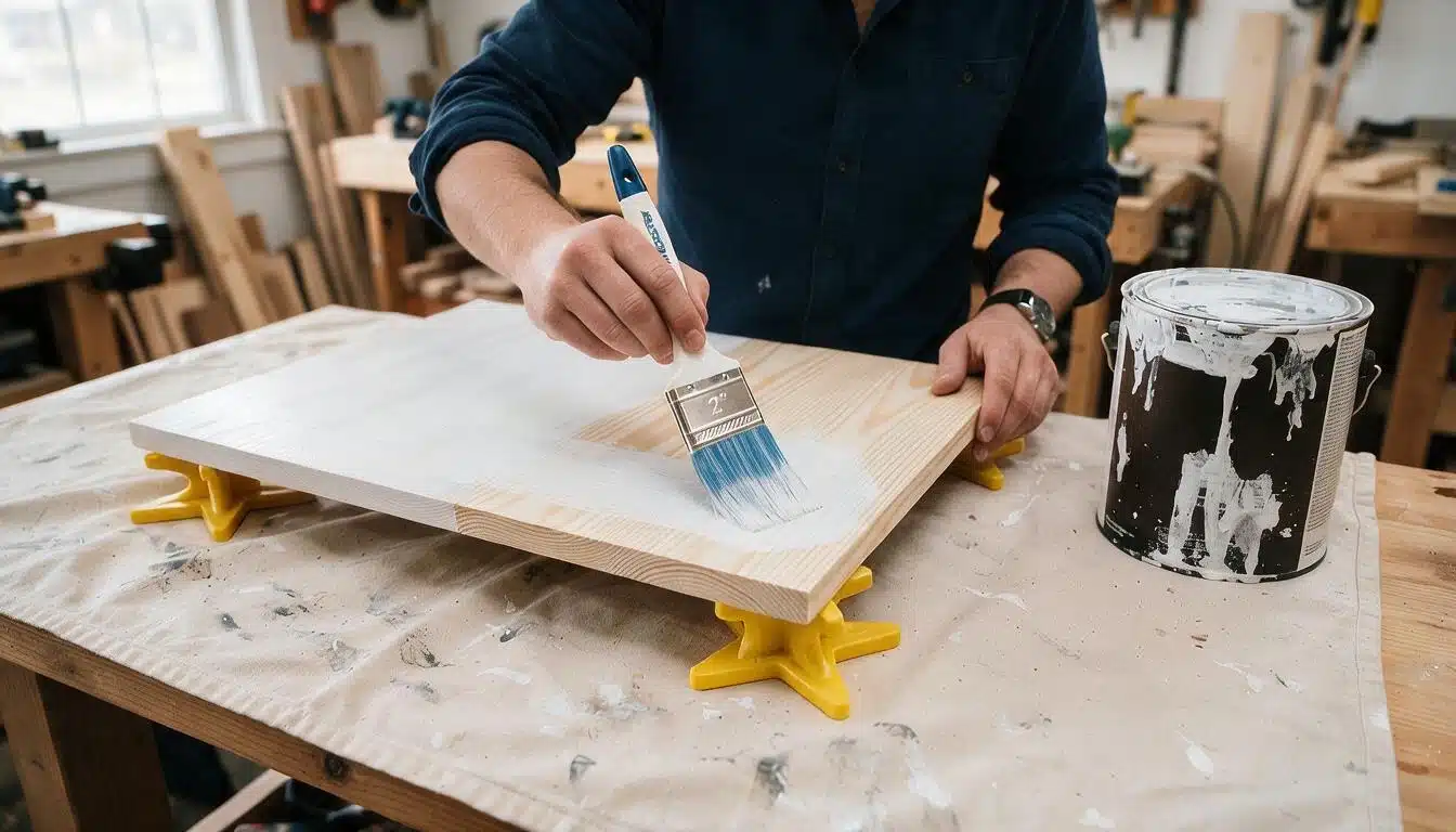 a person paints a wooden board with white paint using a paintbrush, next to a paint can in a workshop