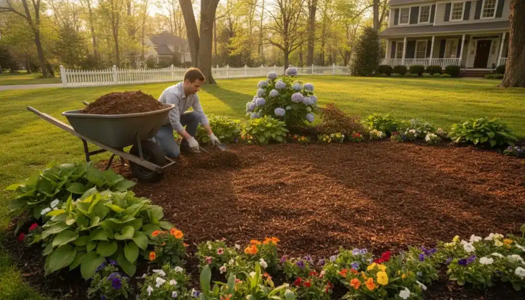 Gardener spreading mulch in a flower bed near a white picket fence under warm evening light