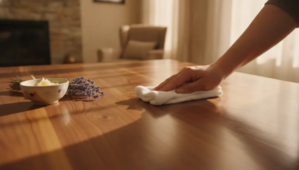 Hand polishing wooden table with white cloth in softly lit room, lavender bouquet nearby