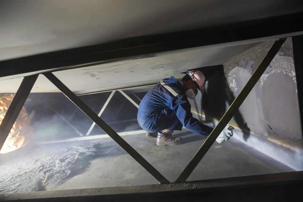 Person in protective gear inspecting interior of large industrial container