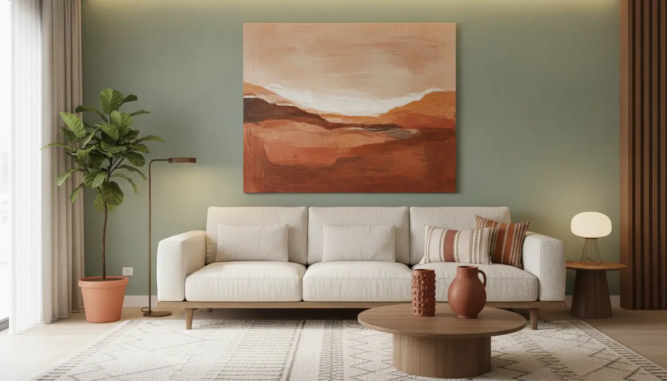 Beige sofa with striped pillows in cozy living room with abstract landscape painting